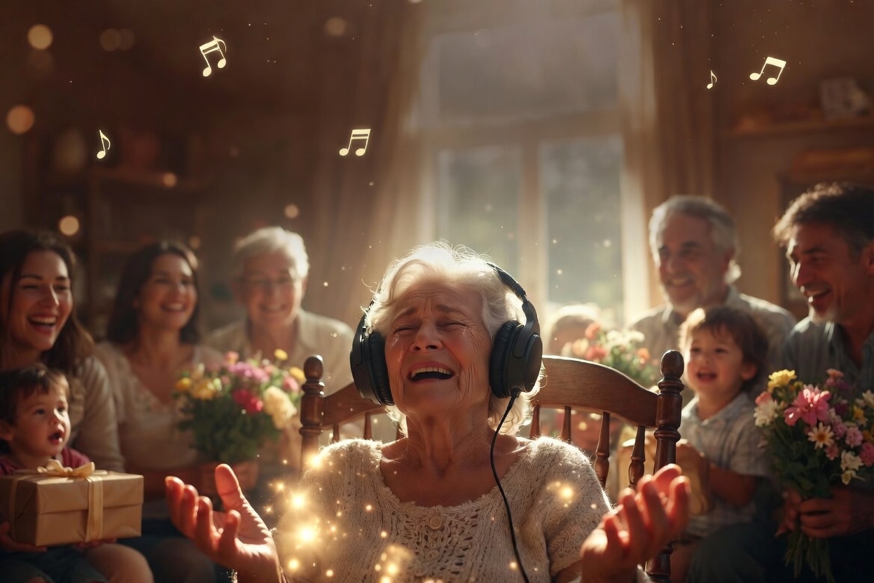 Mujer escuchando una canción con emoción